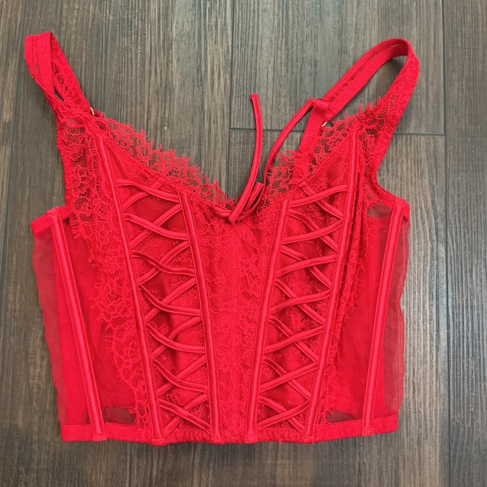 Victoria's Secret Red Lace Mesh Corset Bustier Top S-DD Lattice Boning Glam